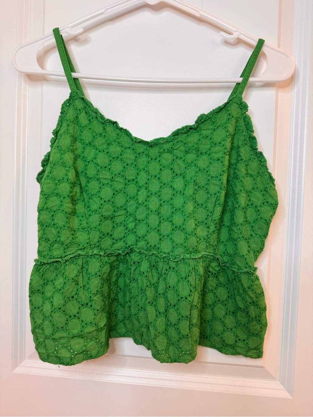 Green Eyelet Peplum Tank with Spaghetti Straps